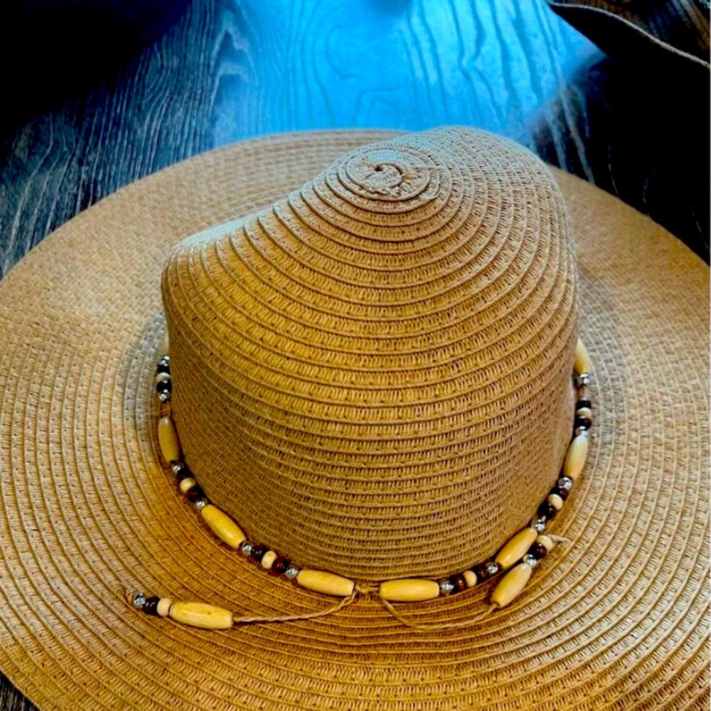 Wide Brim Straw Hat Beaded Trim Summer Beach Sun Protection